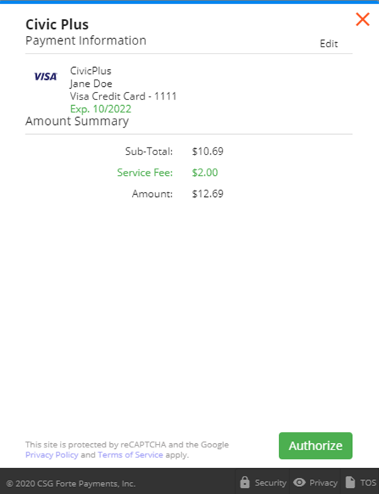 Authorize payment screen for CSG Forte and CivicPlus Pay.
