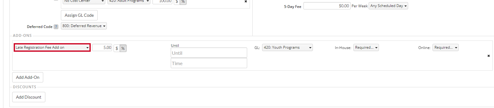 Select late registration fee add on