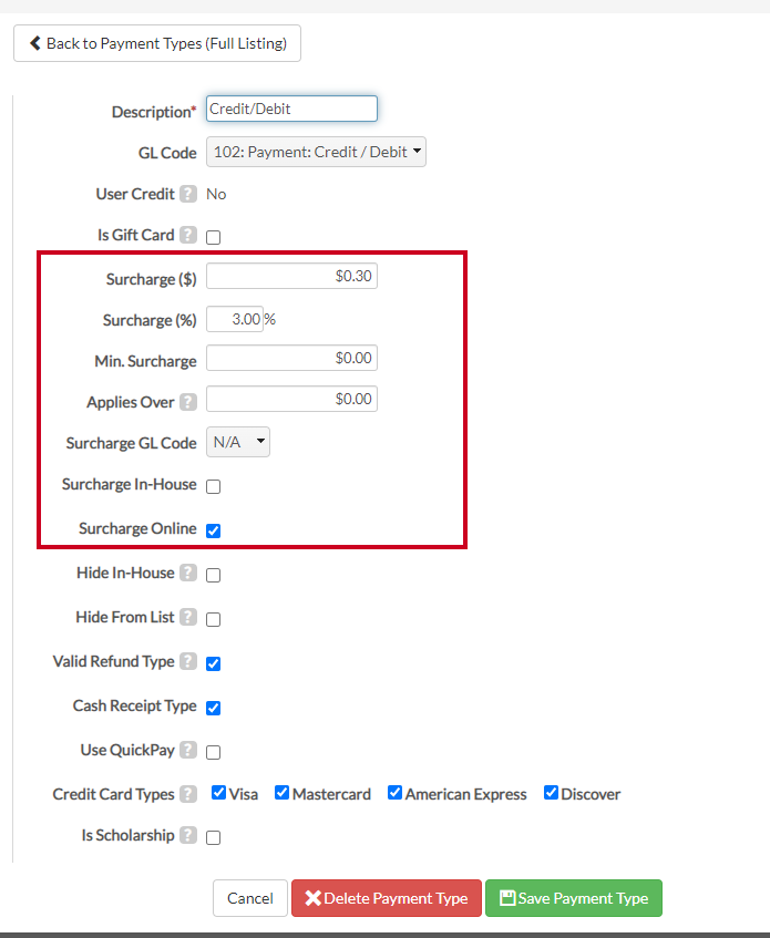 Surcharge Settings