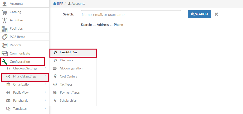 configuration-financial settings-fee add ons
