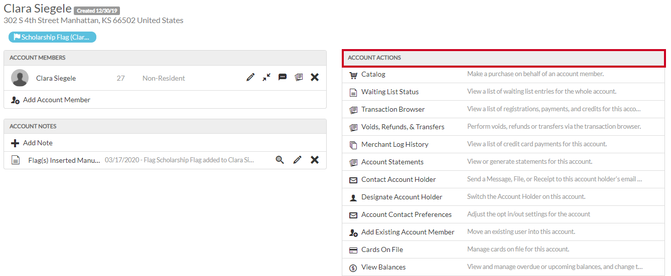 account actions tab