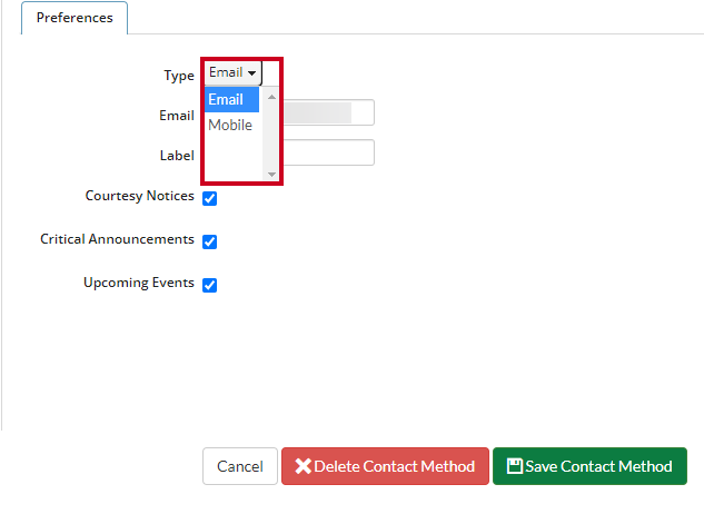 A Contact Method's Type field.