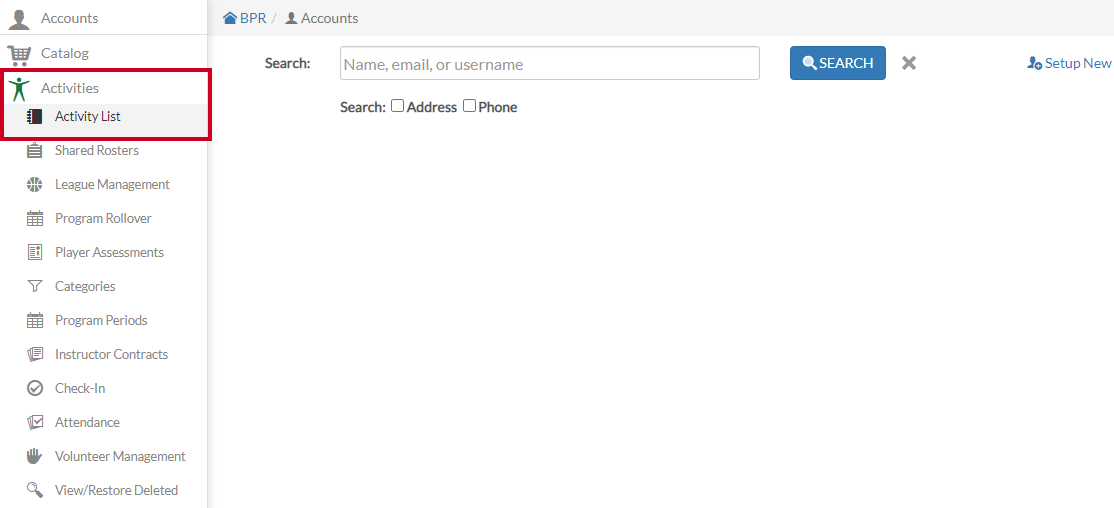 The Activity List is a list of all activities hosted at the chosen location.