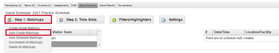 step 1 - auto create matchups