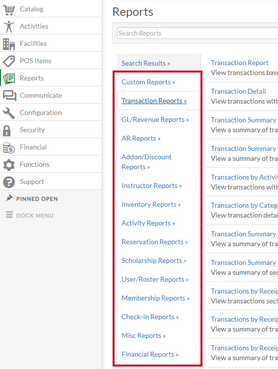 Reports tab listing of report categories.
