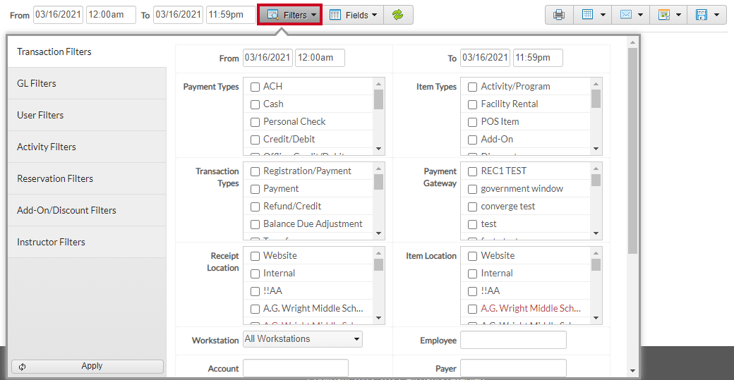 filter options