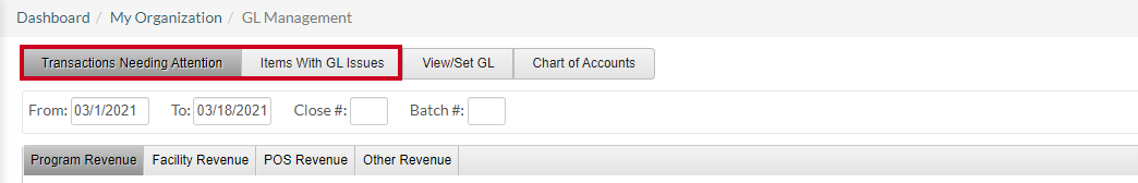 transactions need attention or items with gl issues