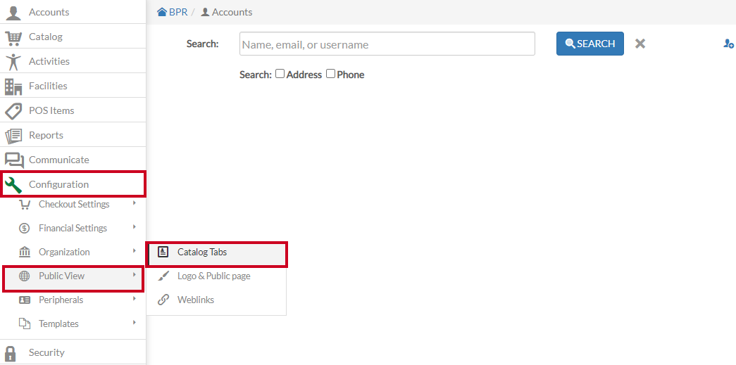 configuration - public view - catalog tabs
