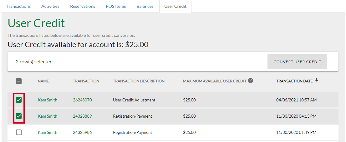 select user credit transactions