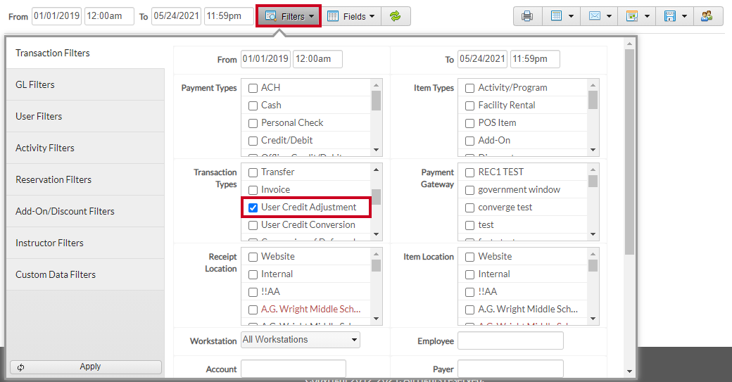 filters-user credit adjustment