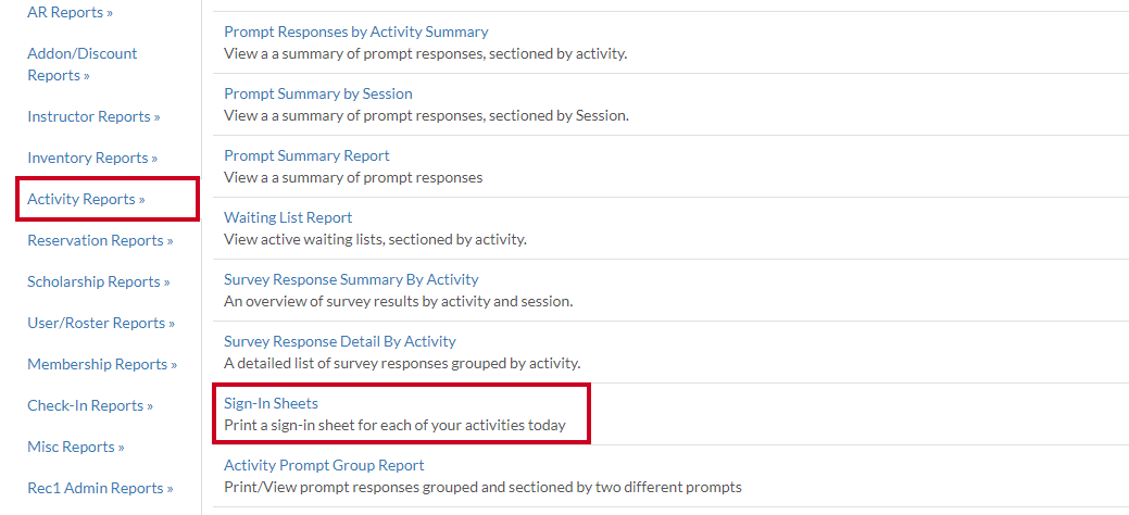 activity reports - sign in sheets