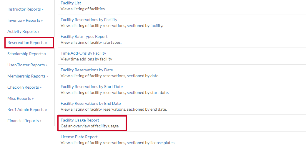 reservation - facility usage report