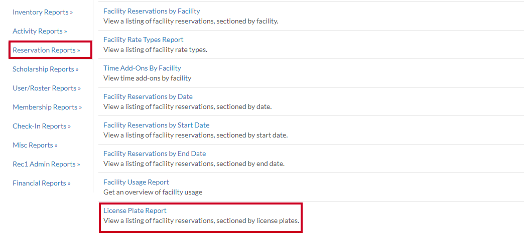 reservation - license plate report
