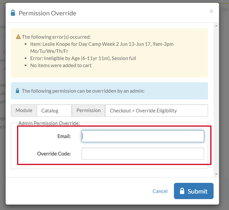Enter override code and email
