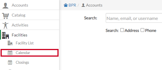 Rec, Admin User Menu, Facilities Tab, Calendar Option.