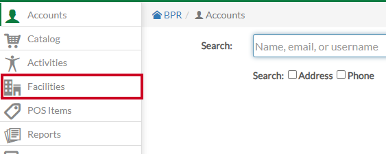 Rec, Admin User Menu, Facilities Tab.