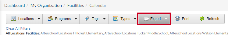 Rec, Facilities, Calendar, Export Button.