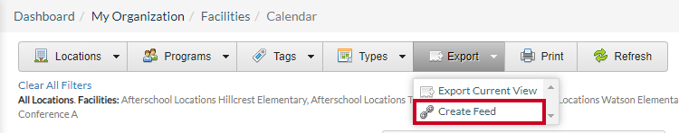 Rec, Facilities, Calendar, Export Button Menu, Create Feed Option.
