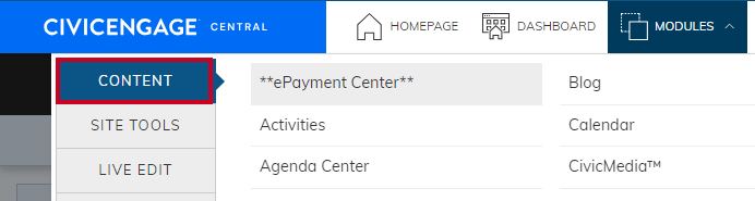 Web Central, Admin User Menu, Modules Menu, Content Tab.