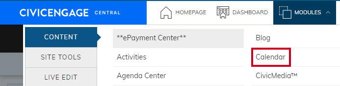 Web Central, Admin User Menu, Modules Menu, Content Tab, Calendar.