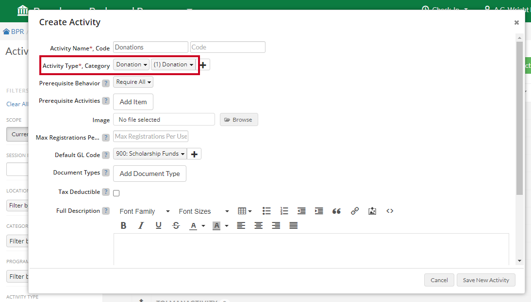 Donation selected in Activity Type drop-down.