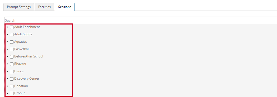Sessions checkboxes.
