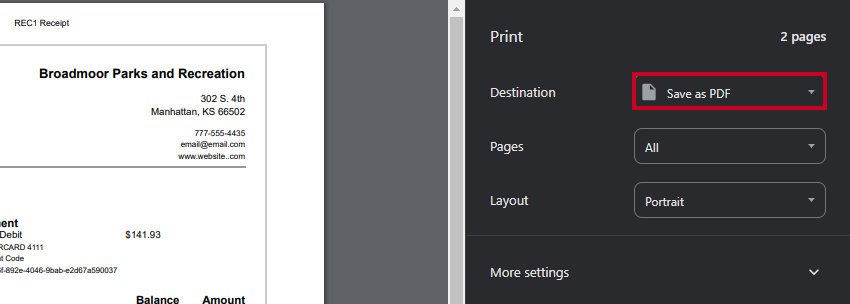 The Destination menu allows the user to choose their printer or save the receipt as a PDF.