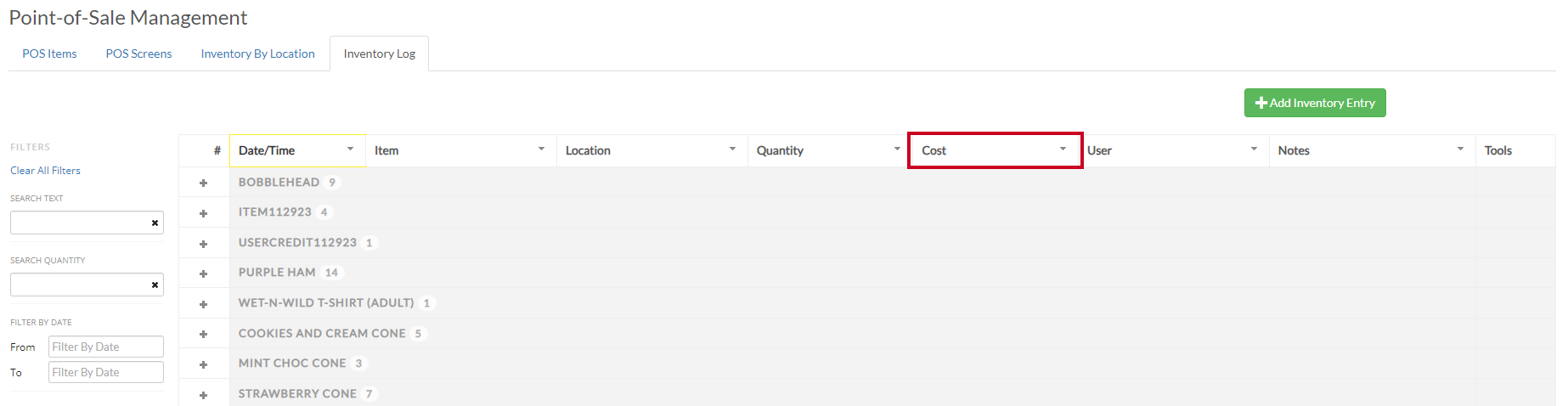 new cost column in inventory log example