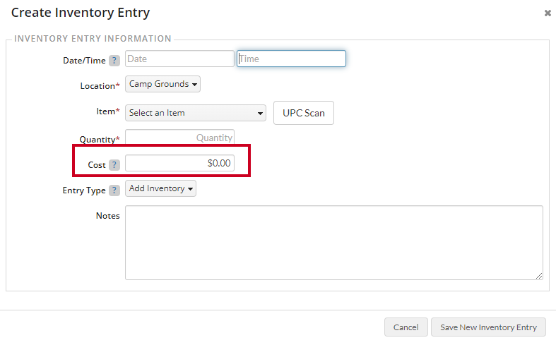  The Inventory Entry's Cost field is used to list the total amount paid for the inventory.