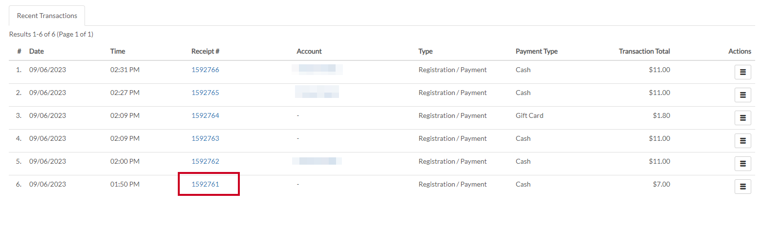 click appropriate receipt number from results
