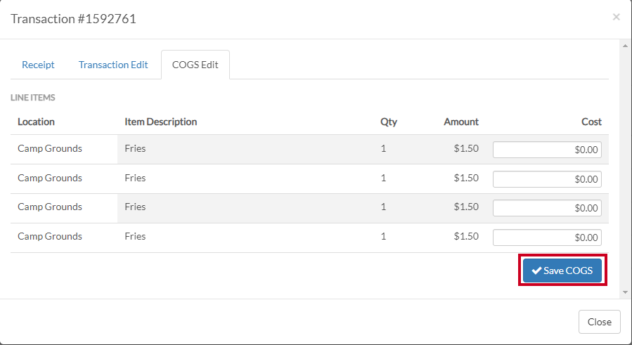 Click Save COGS button