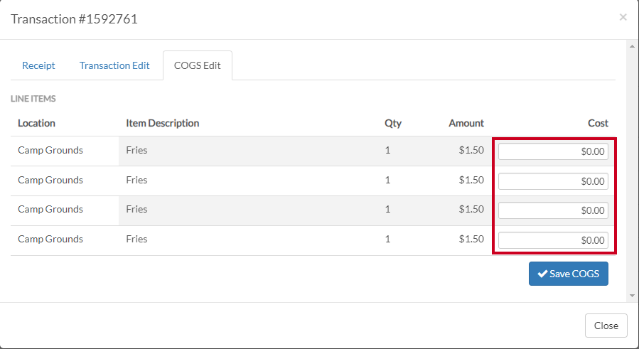 Update Cost column on appropriate item