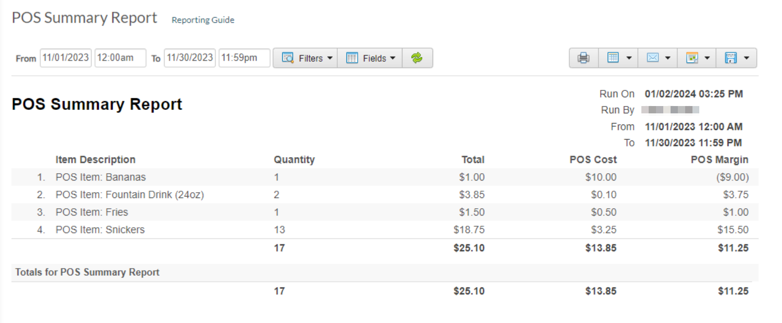 POS Summary Report COGS example