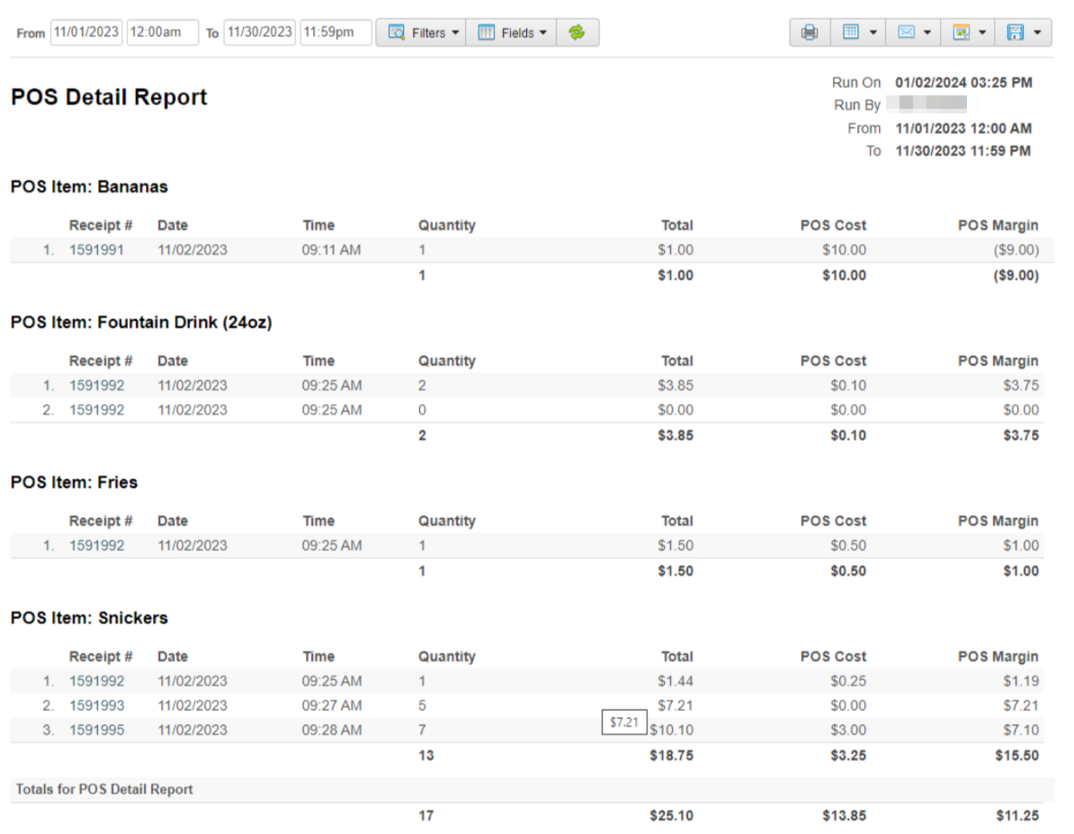 POS Detail report COGS (cost of goods sold) example