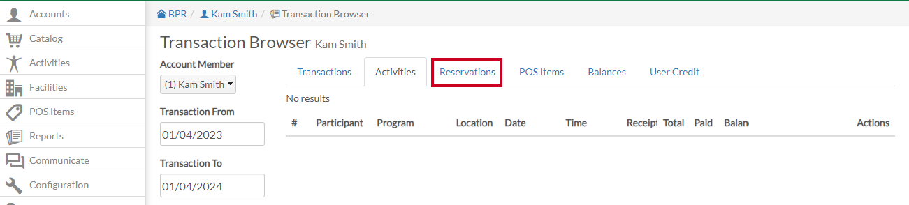 A list of the customer's reservations can be found in the Reservations Tab.