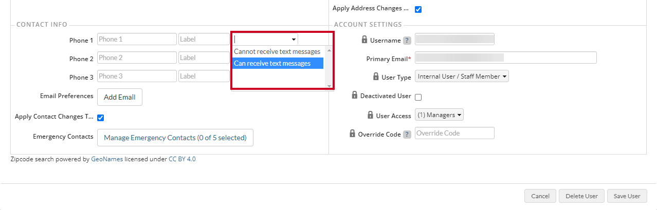 Options for whether or not a cell phone number can receive text messages.