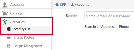 The Activity List option in the Recreation Management's secondary navigation menu.