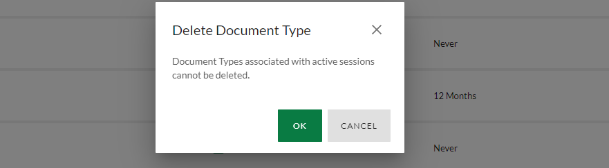 Document types that are assigned to an active activity or session cannot be deleted