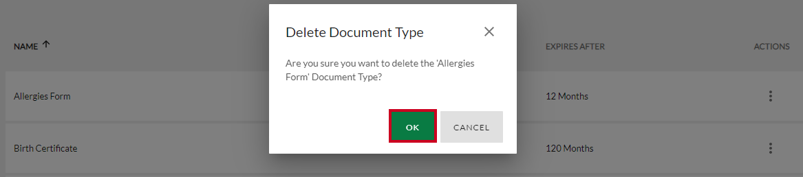 Click the ok button to delete on the pop up