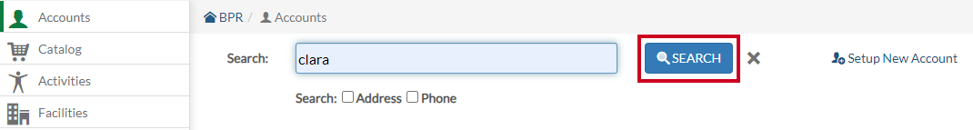 The Account feature's Search button.