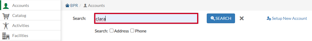 The Account feature's Search box.