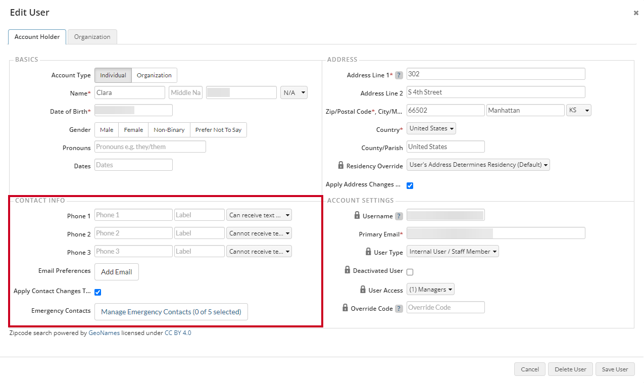 The Contact Info section in the Edit User window.