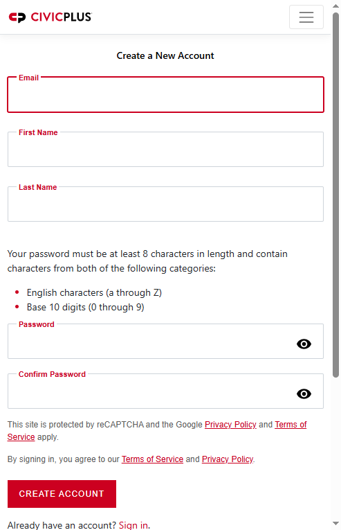 Rec Public Mobile Create an Account Fields