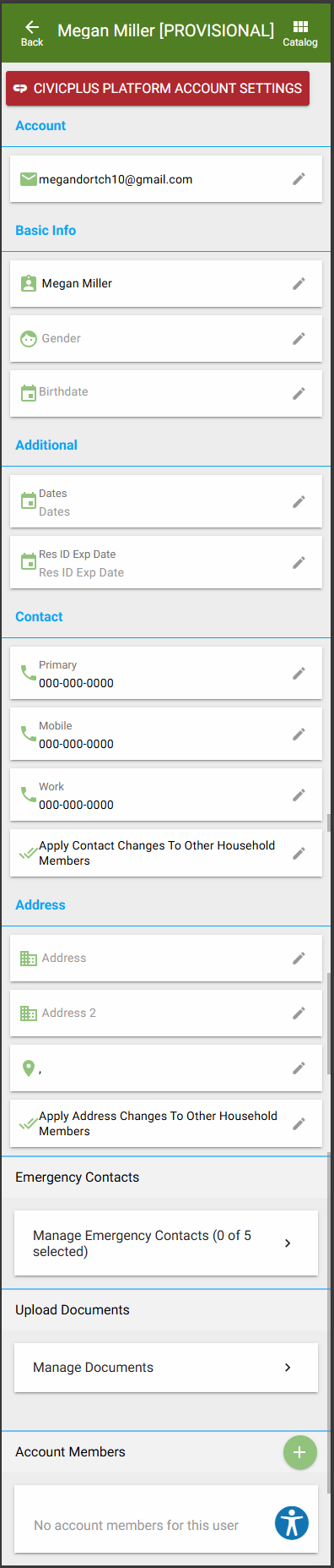 Rec Mobile Account Creation Fields
