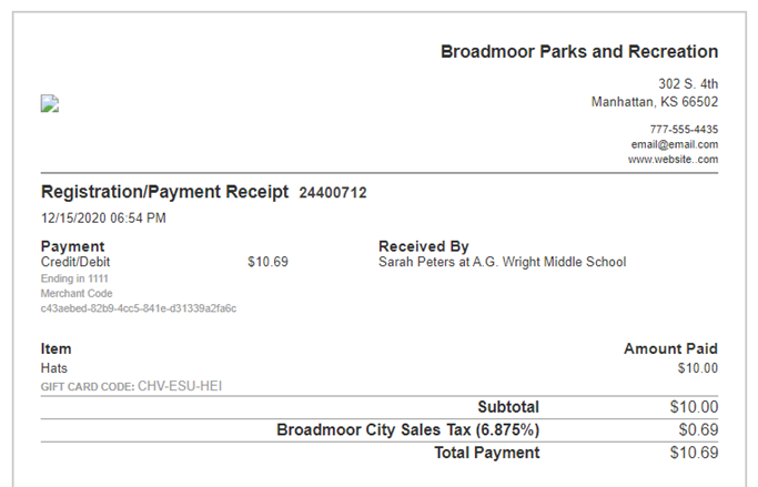 Civicrec receipt.