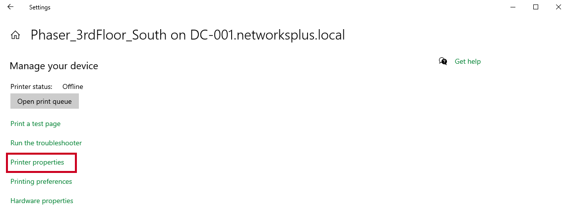 printer properties link