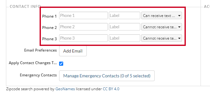 The phone number fields when editing a user.