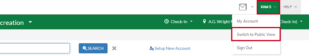 account menu, switch to public view
