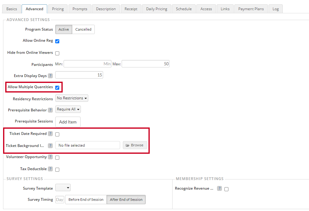 ticket advanced fields