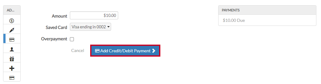 image of the payment screen found within the internal side of Recreation Management software highlighting Add Credit Debit Payment button